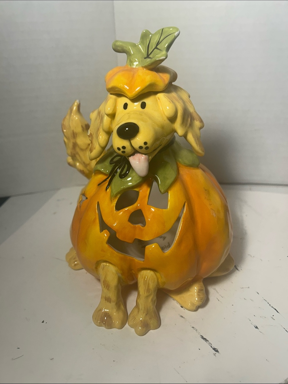 Blue Sky Yellow Orange Pumpkin Dog Figurine